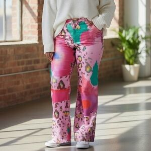 Pink Leopard Print Floral Print Wide Leg High Rise Pants Plus Size 4X Maximalist